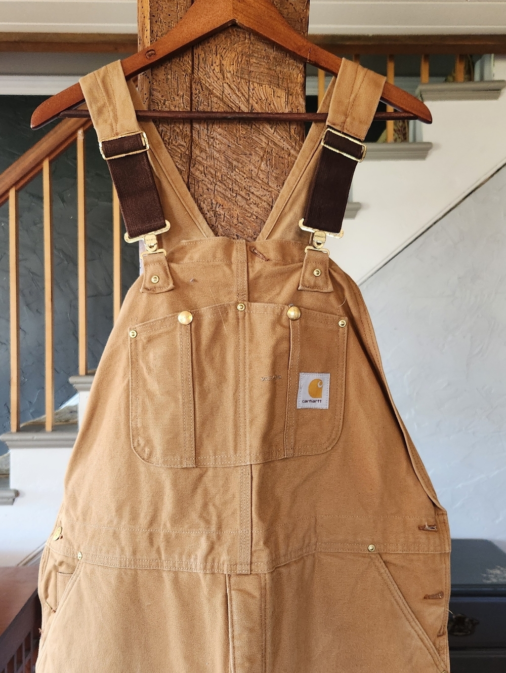 Y2K Carhartt R02 Brown Duck Canvas Bib Overall 44x32 Insulated Double Knee USA - Picture 4 of 15